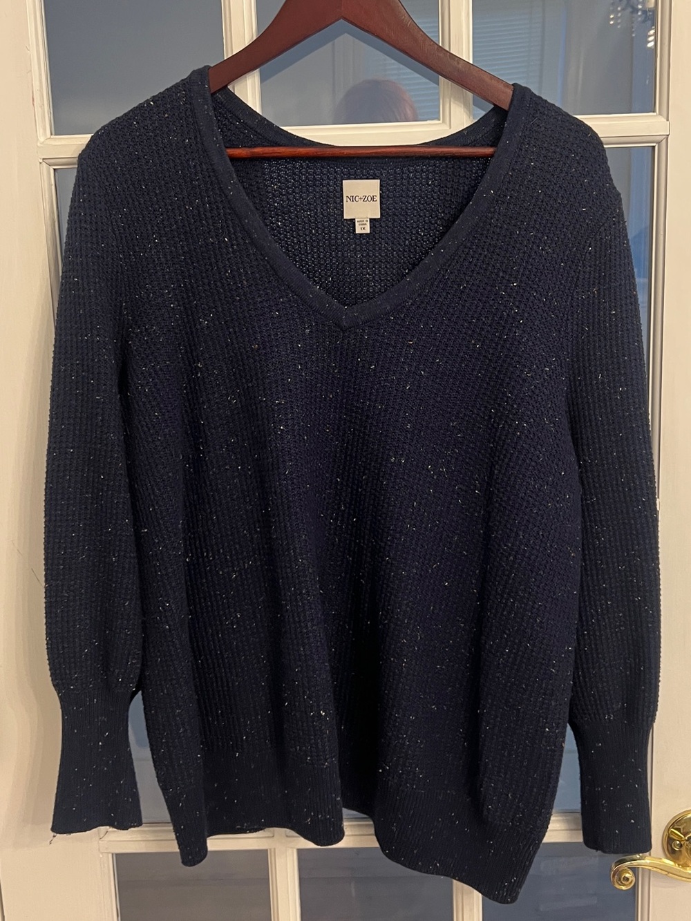 NIC+ZOE Women’s Navy Speckled V Neck Recycled Cotton Knit Pullover Sweater Sz 1X